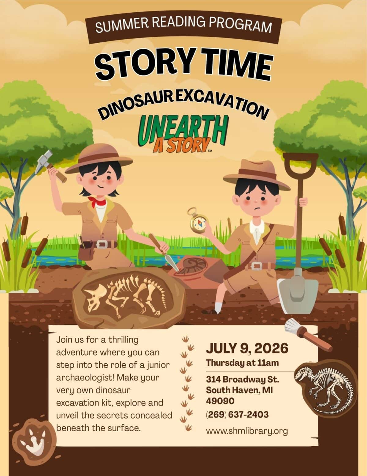 2026 srp story time dinosaur excavation 7 9 2026 flyer