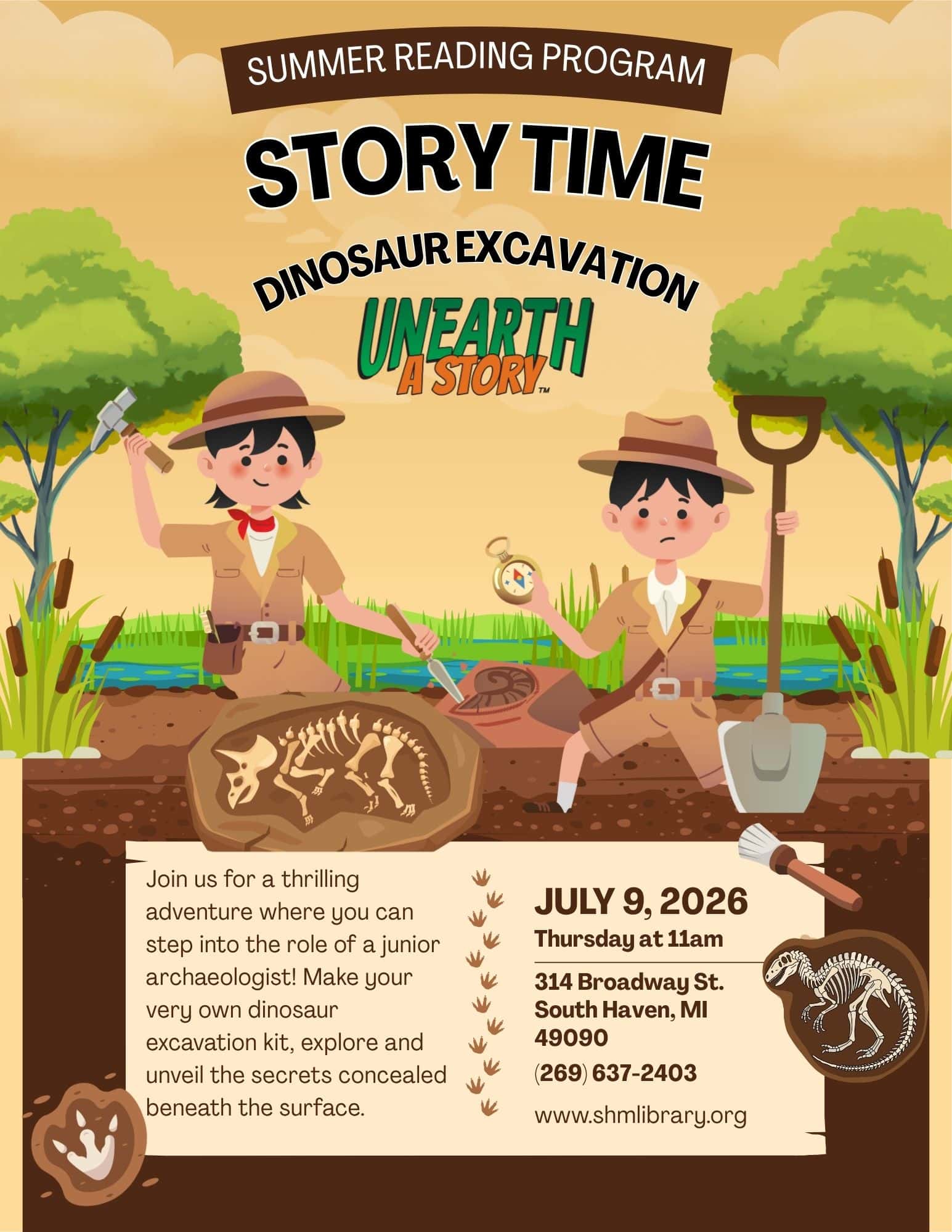 2026 srp story time dinosaur excavation 7 9 2026 flyer