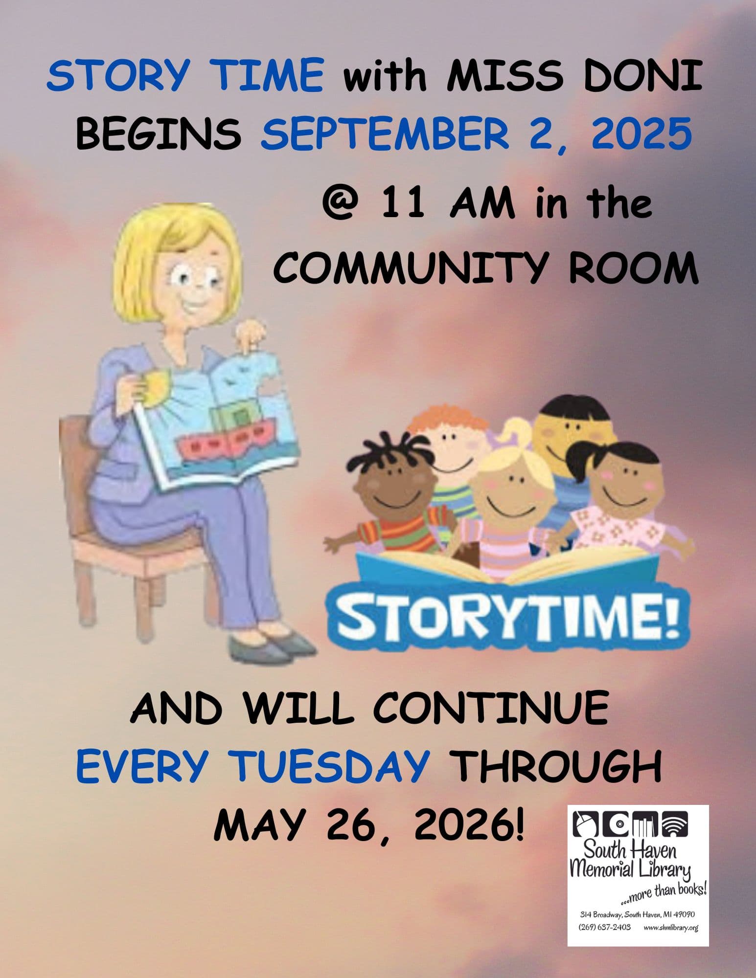 Illustration of a woman reading to children with text announcing Story Time with Miss Doni on Tuesdays at 11 AM from September 2, 2025, to May 26, 2026, at South Haven Memorial Library.