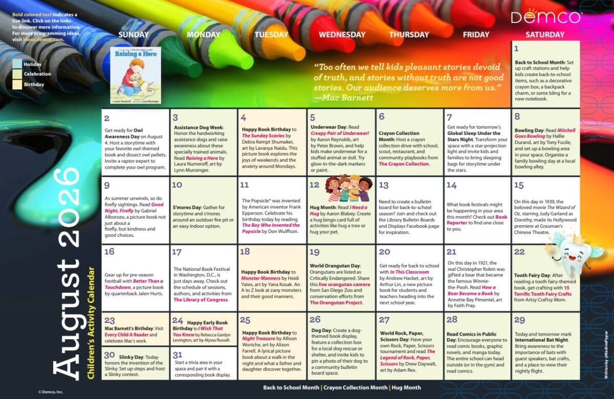 children's activity calendar aug 2026