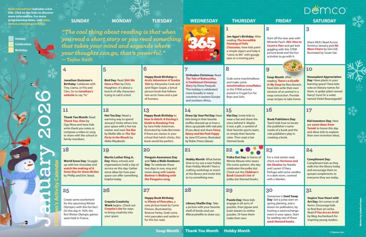 children's activity calendar jan 2026