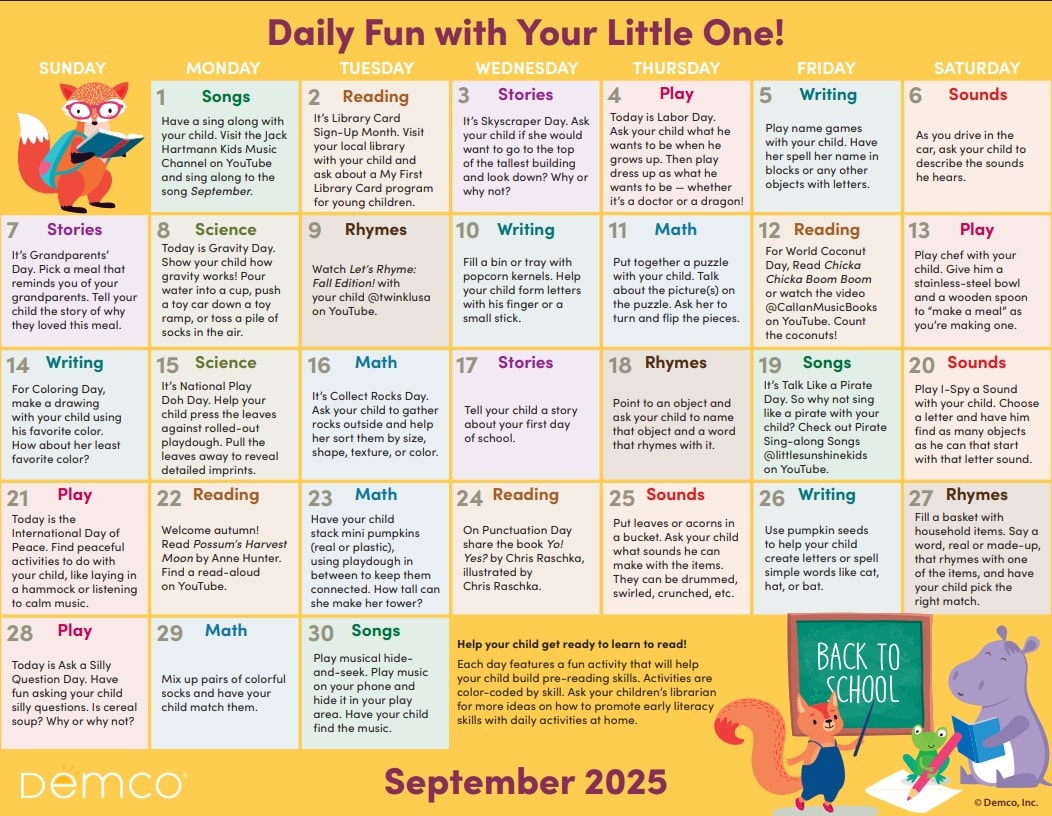 children's early literacy activity calendar sept 2025