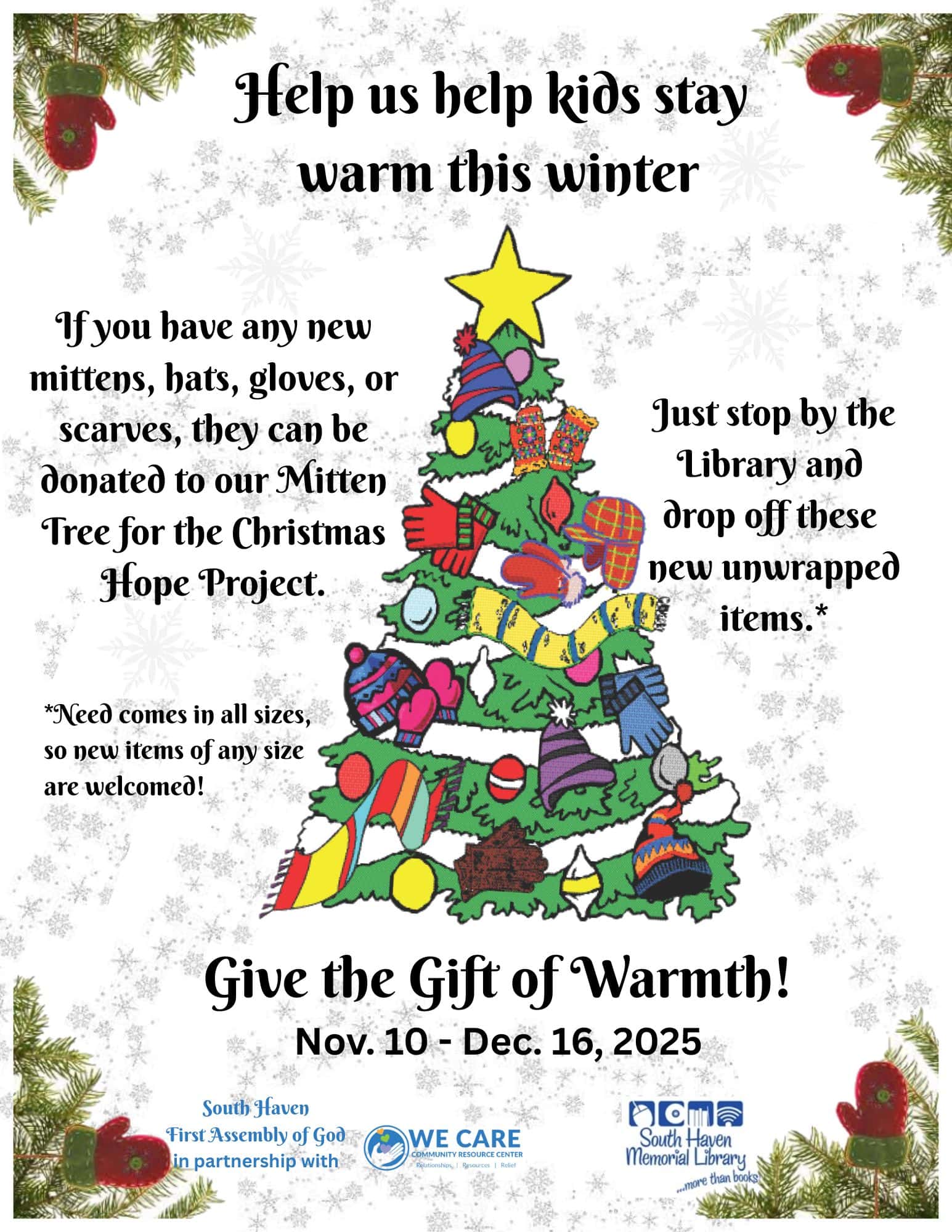 A festive flyer features a decorated Christmas tree with colorful hats, gloves, and scarves. It advertises a winter item donation drive for kids and provides dates and instructions for donating new winter accessories.