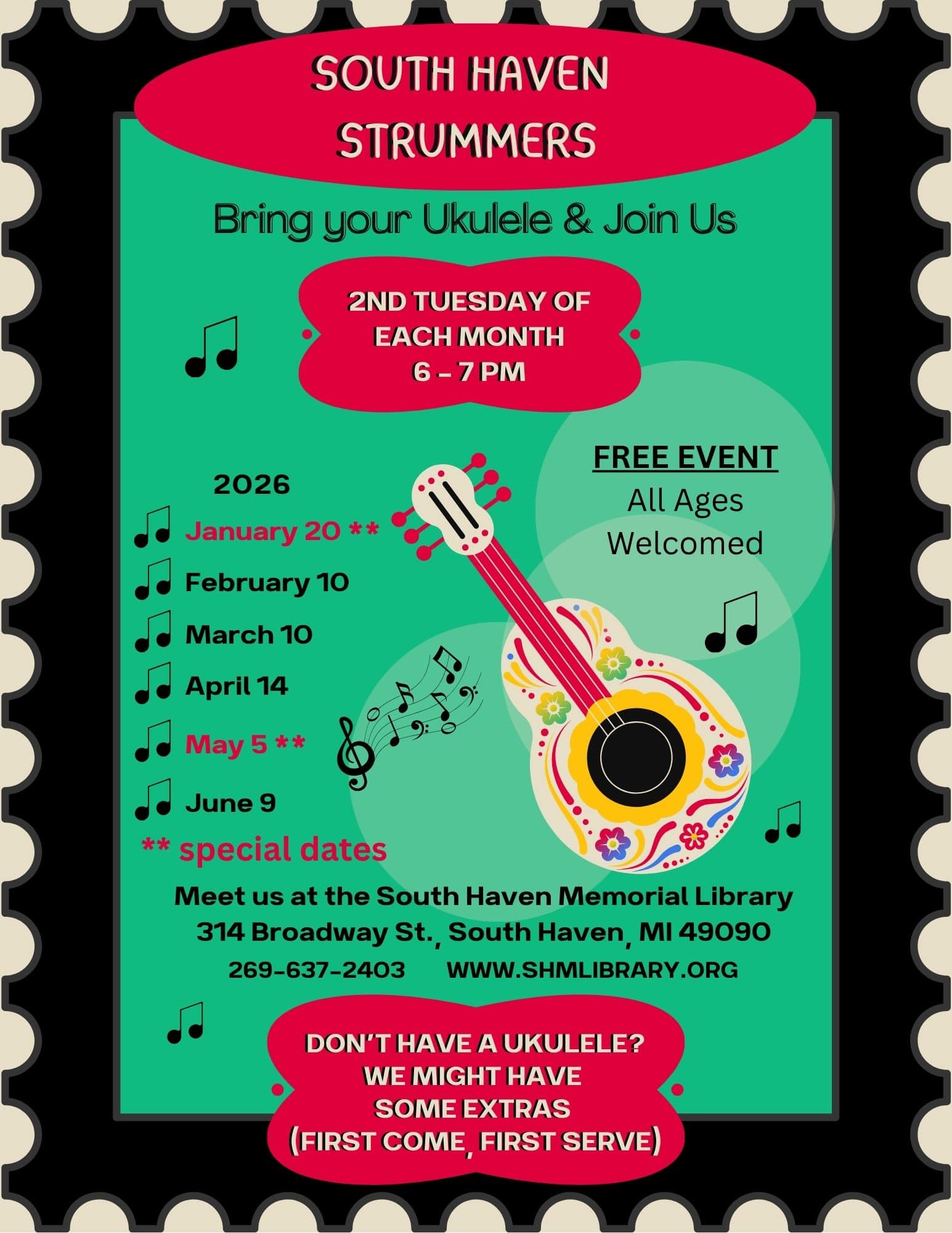 Poster for the South Haven Strummers ukulele group, listing monthly meeting dates and details. A colorful ukulele with music notes is featured, with event information at South Haven Memorial Library.