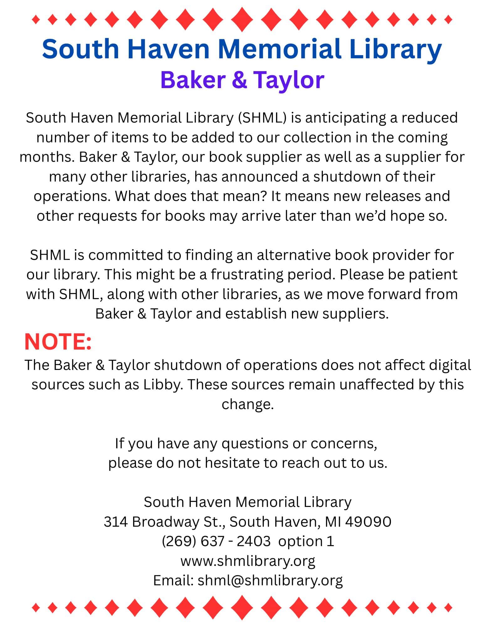 south haven memorial library baker & taylor shutdown flyer