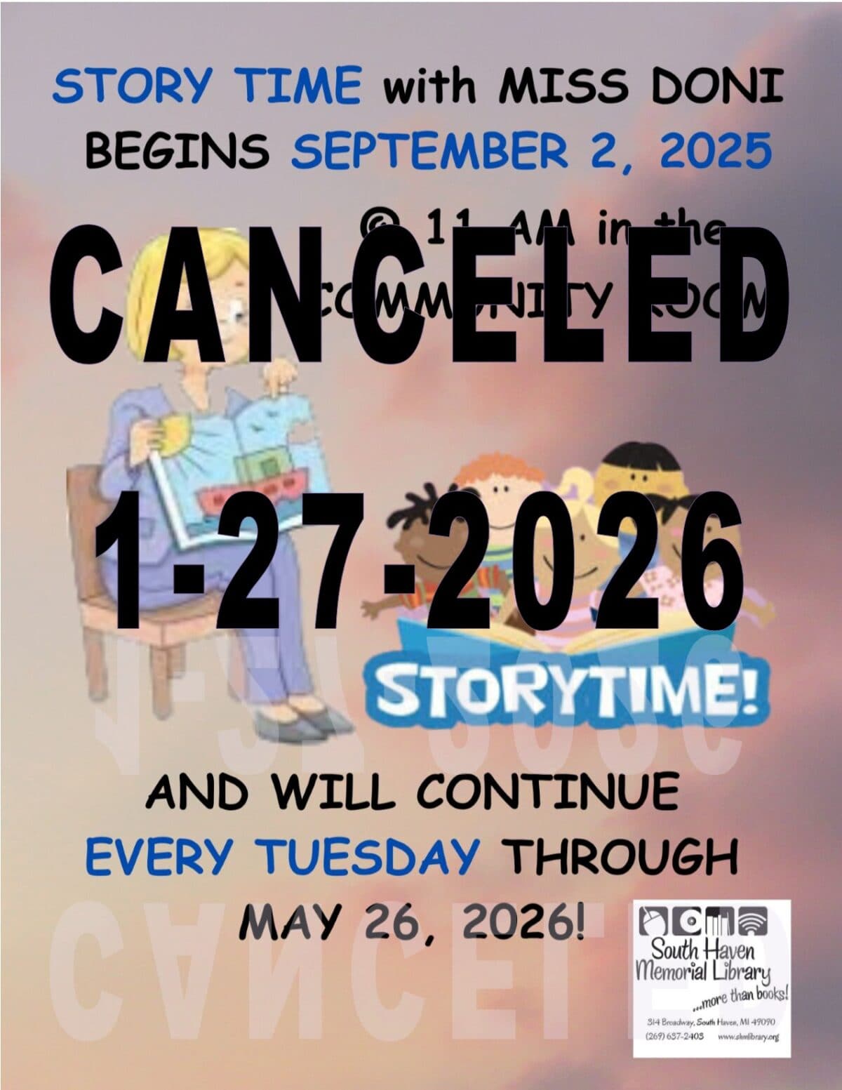 story time canceled due to weather 1 27 2026