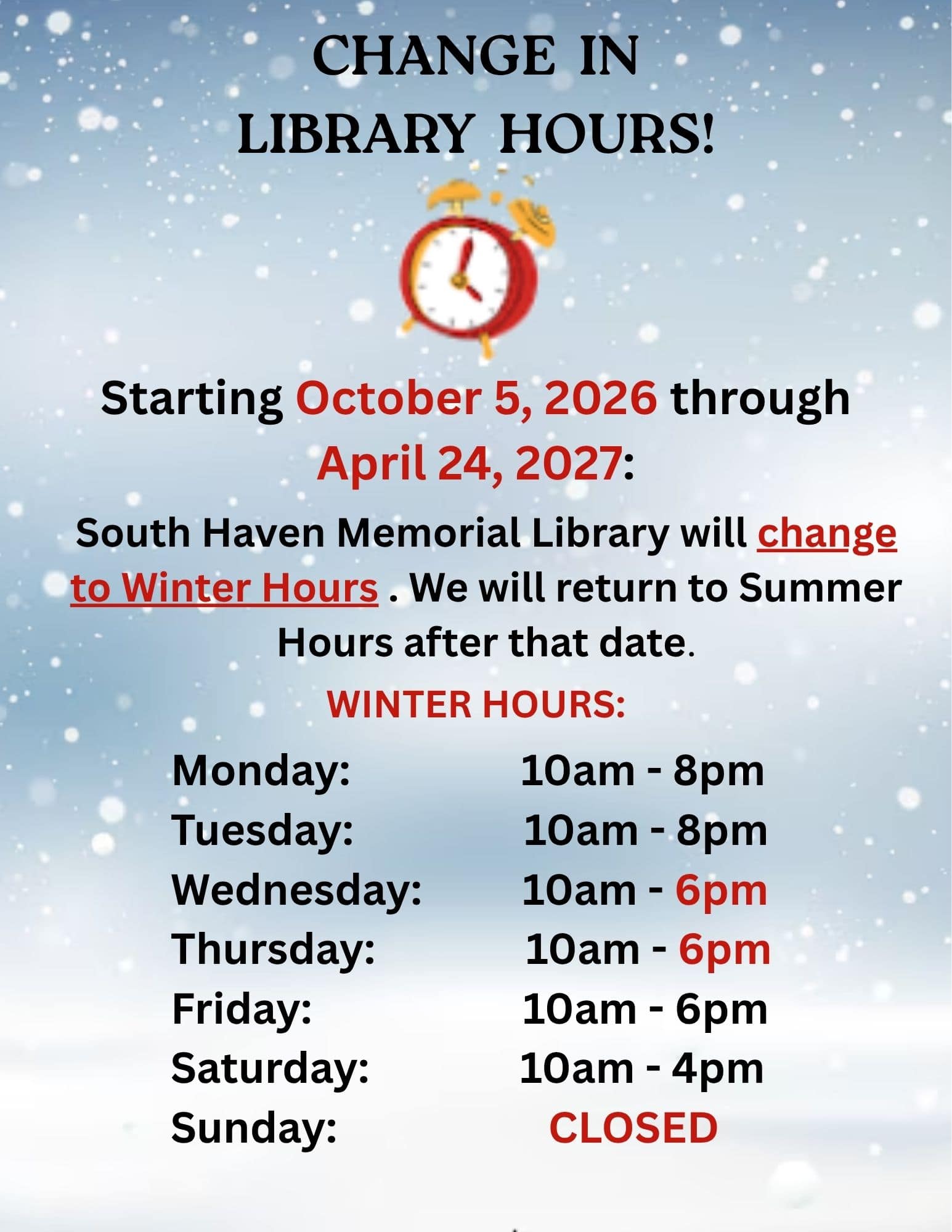 winter hours 2026 2027